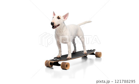 Cute purebred miniature English Bullterrier with brown spots on face riding on skateboard having fun against white studio background. 121788295
