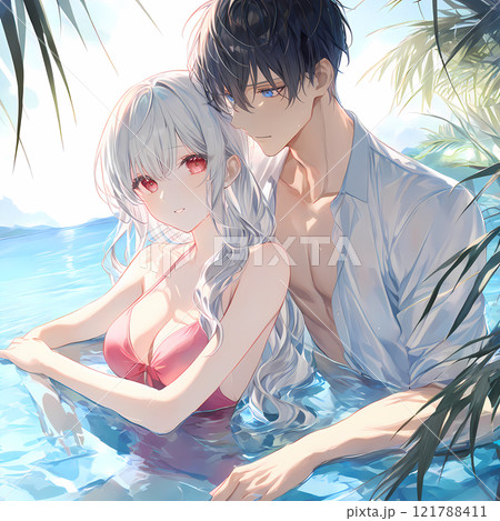 南国の海で泳ぐ若い男女。アルビノの少女と碧眼の青年の恋。アニメ風のAIイラスト 121788411