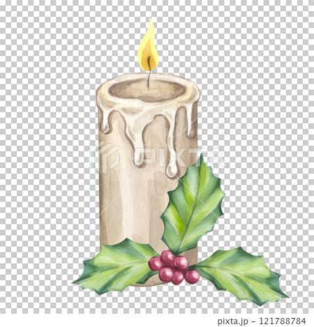 Beige white burning wax candles with holly leaves berries. Candlelight christmas decoration. Hand draw watercolor illustration isolated background. For Xmas greeting cards, New Year invitation Beige white burning wax candles with holly leaves berries. Candlelight christmas decoration. Hand draw watercolor illustration isolated background. For Xmas greeting cards, New Year invitation 121788784