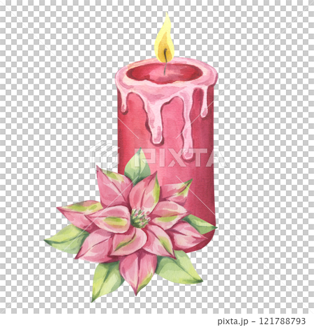 Red burning wax candle with poinsettia flower, christmas decoration. Candlelight design for xmas, New Year party. Hand draw watercolor illustration isolated background. Cozy interior Red burning wax candle with poinsettia flower, christmas decoration. Candlelight design for xmas, New Year party. Hand draw watercolor illustration isolated background. Cozy interior 121788793
