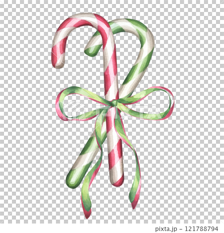 Watercolor Candy cane peppermint stick with red green ribbon and bow. Traditional treat for Christmas and New Year's Eve for kids. Hand drawn illustration isolated on white background. For postcard Watercolor Candy cane peppermint stick with red green ribbon and bow. Traditional treat for Christmas and New Year's Eve for kids. Hand drawn illustration isolated on white background. For postcard 121788794