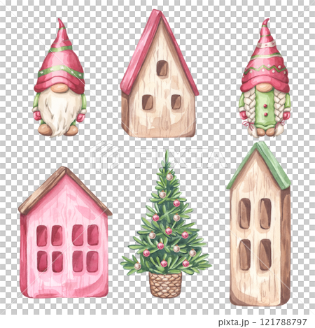 Christmas gnome boy and girl, wooden little house set. A magical Scandinavian character for New Year. Hand draw watercolor illustration isolated on white background. For postcard, invitation Christmas gnome boy and girl, wooden little house set. A magical Scandinavian character for New Year. Hand draw watercolor illustration isolated on white background. For postcard, invitation 121788797