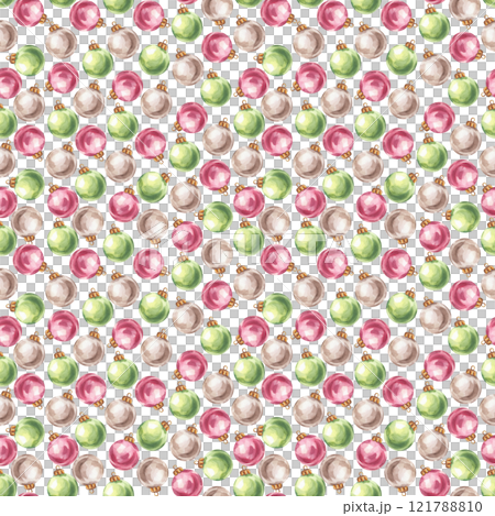 Christmas tree balls seamless pattern, red green silver toys. Bright and colorful New Year decorations. Hand drawn watercolor illustration isolated on white background. For postcard, advertising 121788810