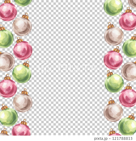 Christmas tree balls frame, red green silver toys. Bright and colorful New Year decorations. Hand drawn watercolor illustration isolated on white background. For postcard, advertising, design Christmas tree balls frame, red green silver toys. Bright and colorful New Year decorations. Hand drawn watercolor illustration isolated on white background. For postcard, advertising, design 121788813