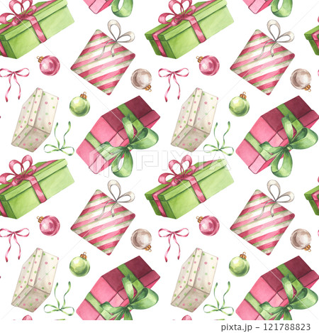 Red green gift boxes seamless pattern with ribbon, bow, tree balls. Present for Christmas, New year, Birthday party. Hand drawn watercolor illustration isolated white background. Textile, print Red green gift boxes seamless pattern with ribbon, bow, tree balls. Present for Christmas, New year, Birthday party. Hand drawn watercolor illustration isolated white background. Textile, print 121788823