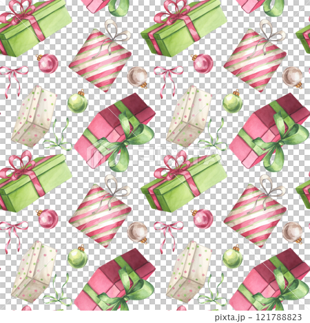 Red green gift boxes seamless pattern with ribbon, bow, tree balls. Present for Christmas, New year, Birthday party. Hand drawn watercolor illustration isolated white background. Textile, print Red green gift boxes seamless pattern with ribbon, bow, tree balls. Present for Christmas, New year, Birthday party. Hand drawn watercolor illustration isolated white background. Textile, print 121788823
