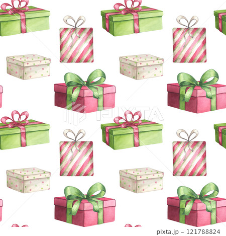 Red green gift boxes seamless pattern with ribbon and bow. Present for Christmas, New year, Birthday party. Hand drawn watercolor illustration isolated on white background. Textile, print, wrapping Red green gift boxes seamless pattern with ribbon and bow. Present for Christmas, New year, Birthday party. Hand drawn watercolor illustration isolated on white background. Textile, print, wrapping 121788824