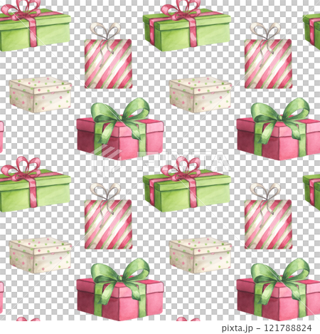 Red green gift boxes seamless pattern with ribbon and bow. Present for Christmas, New year, Birthday party. Hand drawn watercolor illustration isolated on white background. Textile, print, wrapping Red green gift boxes seamless pattern with ribbon and bow. Present for Christmas, New year, Birthday party. Hand drawn watercolor illustration isolated on white background. Textile, print, wrapping 121788824