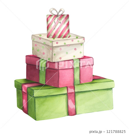 Red green gift boxes with ribbon and bow. Present for Christmas, New year, Birthday party. Hand drawn watercolor illustration isolated on white background. For postcard, invitation, congratulation Red green gift boxes with ribbon and bow. Present for Christmas, New year, Birthday party. Hand drawn watercolor illustration isolated on white background. For postcard, invitation, congratulation 121788825