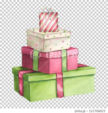 Red green gift boxes with ribbon and bow. Present for Christmas, New year, Birthday party. Hand drawn watercolor illustration isolated on white background. For postcard, invitation, congratulation 121788825