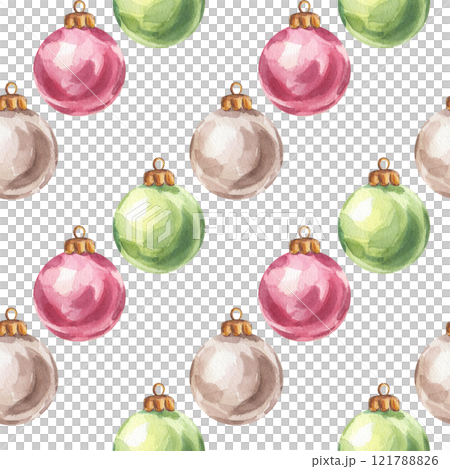 Christmas tree balls seamless pattern, diagonal red green silver toys. Colorful New Year decorations. Hand drawn watercolor illustration isolated on white background. For postcard, advertising, design 121788826