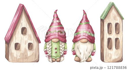 Christmas gnome boy and girl, wooden little house banner set. A magical Scandinavian character for New Year. Hand draw watercolor illustration isolated on white background. For postcard, invitation Christmas gnome boy and girl, wooden little house banner set. A magical Scandinavian character for New Year. Hand draw watercolor illustration isolated on white background. For postcard, invitation 121788836