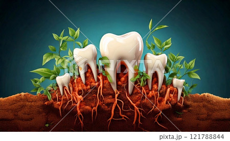 Teeth growing among green plants in a vibrant soil setting Teeth growing among green plants in a vibrant soil setting 121788844