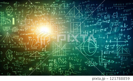 Mathematical concepts illustrated with symbols and equations on a textured background 121788859