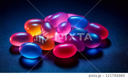 Colorful jelly beans scattered under neon lights creating a vibrant display 121788860
