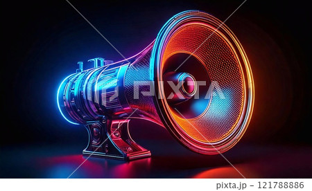 Vibrant neon loudspeaker illuminated in dynamic colors at a modern venue Vibrant neon loudspeaker illuminated in dynamic colors at a modern venue 121788886