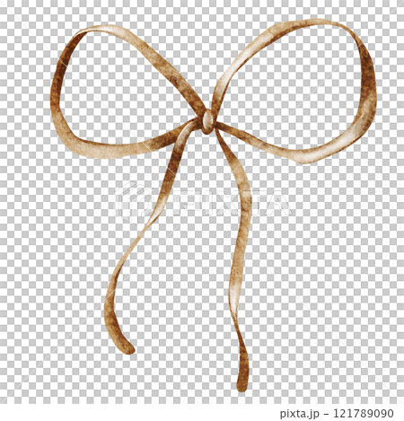 Watercolor Ribbon with Bow. Hand-drawn illustration of silk or satin knot on white isolated background, for gift or present wrapping. Drawing of vintage textile tape for wedding, St. Patrick's Day. 121789090