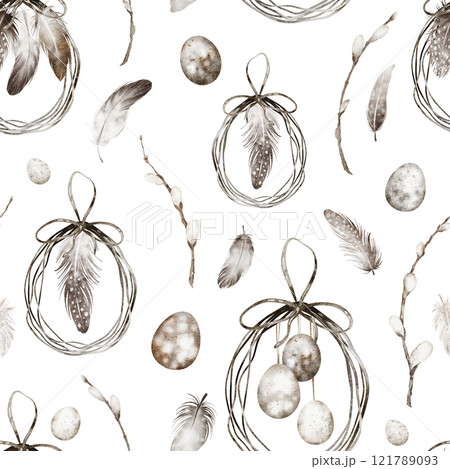 Feather watercolor seamless pattern. Illustration of ornament with eggs, plants, and bohemian symbols on isolated background for textile design or wallpaper. Easter drawing for holiday decorations. 121789093