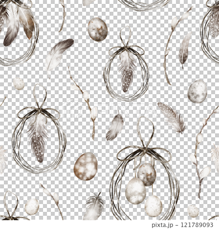 Feather watercolor seamless pattern. Illustration of ornament with eggs, plants, and bohemian symbols on isolated background for textile design or wallpaper. Easter drawing for holiday decorations. 121789093