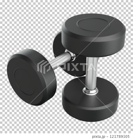 Two Blank Round Rubber Dumbbells, weightlifting gym equipment top view 121789105