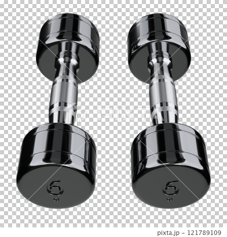 Two blank Round Dumbbells with number 6, black weightlifting gym equipment 121789109