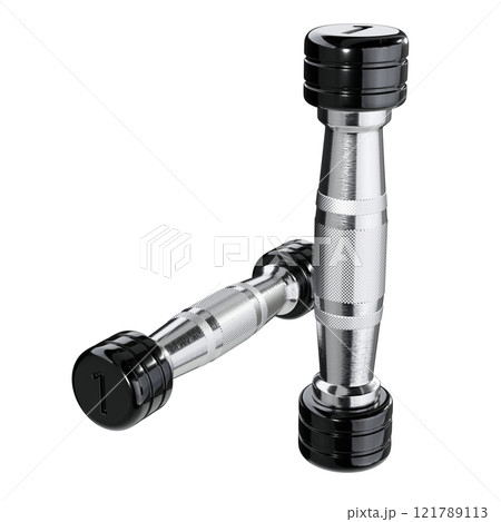 Two blank Round Dumbbells with number 1, black weightlifting gym equipment Two blank Round Dumbbells with number 1, black weightlifting gym equipment 121789113