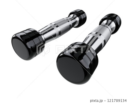 Two blank Round Dumbbells, black weightlifting gym equipment wide angle view 121789134