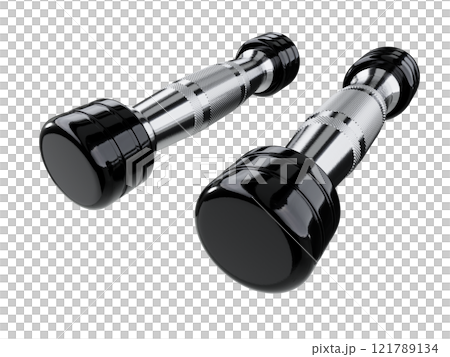 Two blank Round Dumbbells, black weightlifting gym equipment wide angle view 121789134