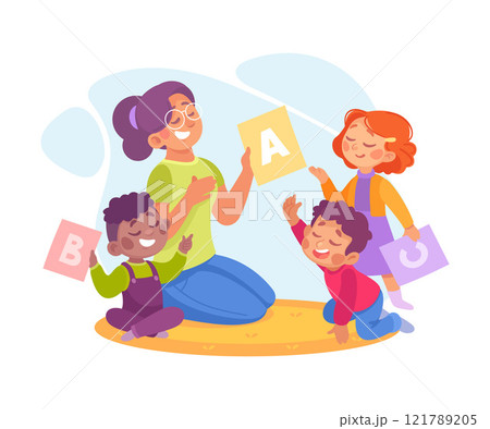 Speech with Teacher Explaining Alphabet to Little Boy and Girl Vector Illustration 121789205