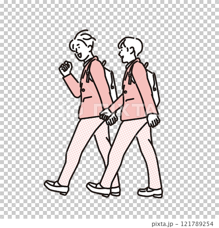 簡單說明：穿著制服的男學生邊走邊談話 121789254