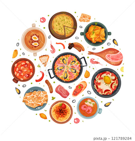 Spanish Dish and Food Round Composition with Traditional Meal Vector Template 121789284