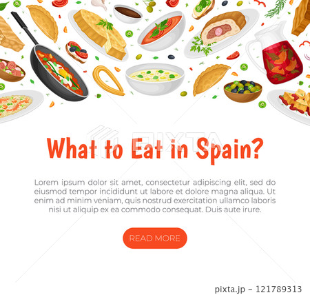 Spanish Dish and Food Banner Design with Traditional Meal Vector Template Spanish Dish and Food Banner Design with Traditional Meal Vector Template 121789313