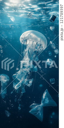 Plastic waste forming jellyfish shape floating underwater, depicting ocean pollution 121789397