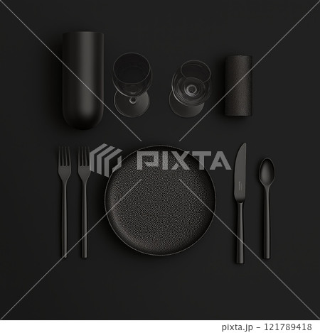 Black table setting with plate, two forks, knife, napkin, and coaster on dark background Black table setting with plate, two forks, knife, napkin, and coaster on dark background 121789418
