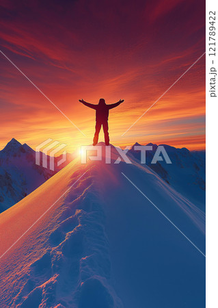Hiker celebrating reaching snowy mountain peak at sunset Hiker celebrating reaching snowy mountain peak at sunset 121789422