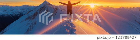 Hiker celebrating reaching snowy mountain peak at sunset 121789427