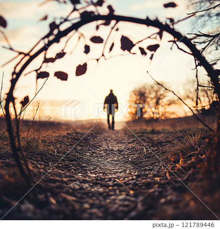 Man walking on cobblestone path towards sunset, concept of future and hope 121789446