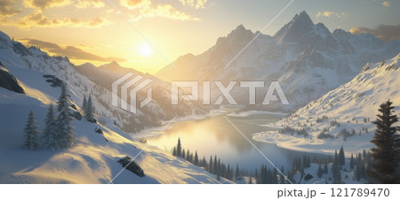 Majestic winter sunrise illuminating snowy mountains and serene alpine lake with cozy chalet 121789470