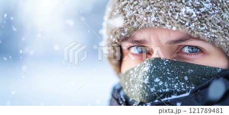 Woman wearing winter clothes protecting herself from snowfall 121789481
