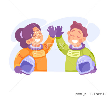 Boy and Girl Astronaut Character in Outer Space Exploring Universe Vector Illustration 121789510