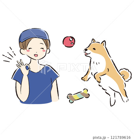 おもちゃで遊ぶ犬とドッグトレーナーのイラスト 121789616