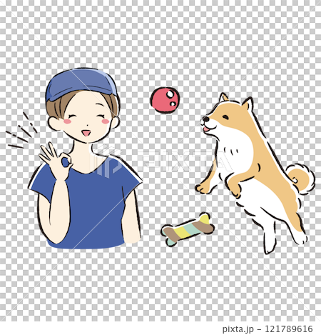 おもちゃで遊ぶ犬とドッグトレーナーのイラスト 121789616