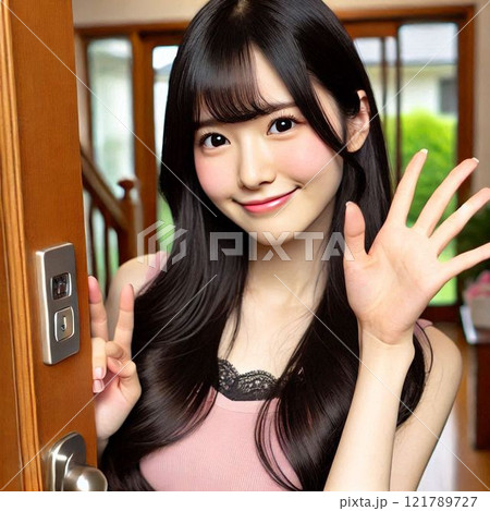 手を振る日本人女性 121789727