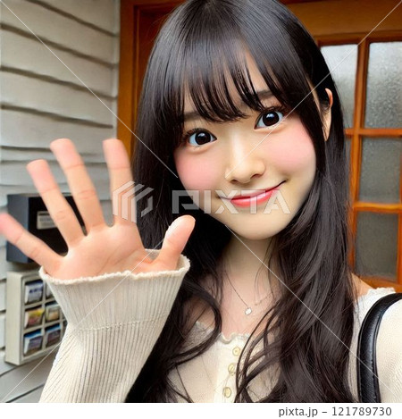手を振る日本人女性 121789730