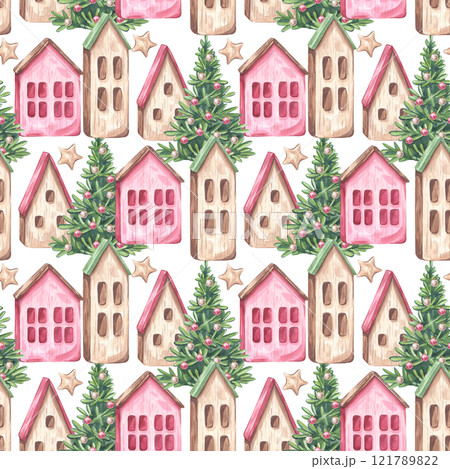 Wooden little house with Christmas trees seamless pattern. Cottage with red green sloping roof for gnome or elf. New year. Hand drawn watercolor illustration background. Textile, print, wrapping paper 121789822