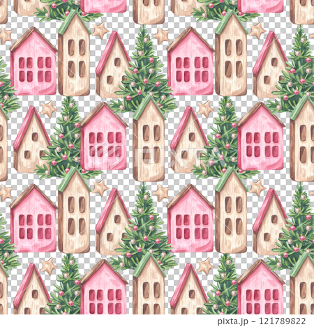 Wooden little house with Christmas trees seamless pattern. Cottage with red green sloping roof for gnome or elf. New year. Hand drawn watercolor illustration background. Textile, print, wrapping paper 121789822