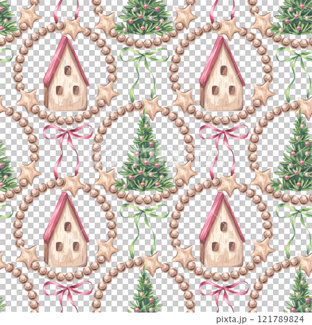 Wooden little house with Christmas trees seamless pattern. Cottage with red green sloping roof for gnome or elf. New year. Hand drawn watercolor illustration background. Textile, print, wrapping paper Wooden little house with Christmas trees seamless pattern. Cottage with red green sloping roof for gnome or elf. New year. Hand drawn watercolor illustration background. Textile, print, wrapping paper 121789824