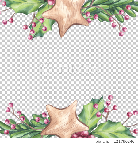 Christmas square frame branch forest fir pine with wooden star, holly red berries, ilex twig. Botanical floral composition. New Year symbols. Hand draw watercolor illustration isolated background Christmas square frame branch forest fir pine with wooden star, holly red berries, ilex twig. Botanical floral composition. New Year symbols. Hand draw watercolor illustration isolated background 121790246