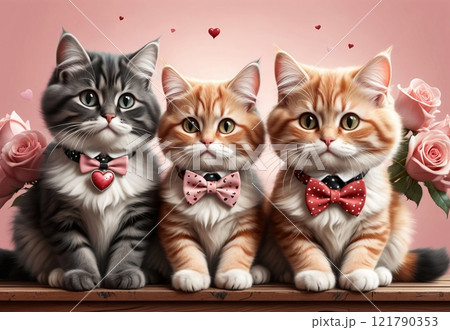 image of cute two cats in love, red roses and valentines, postcard, valentine's day 121790353