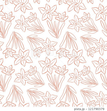 Seamless line pattern with daffodil flowers and leaves in a line art style. Perfect for spring themed design, textile, wallpaper and background. 121790379